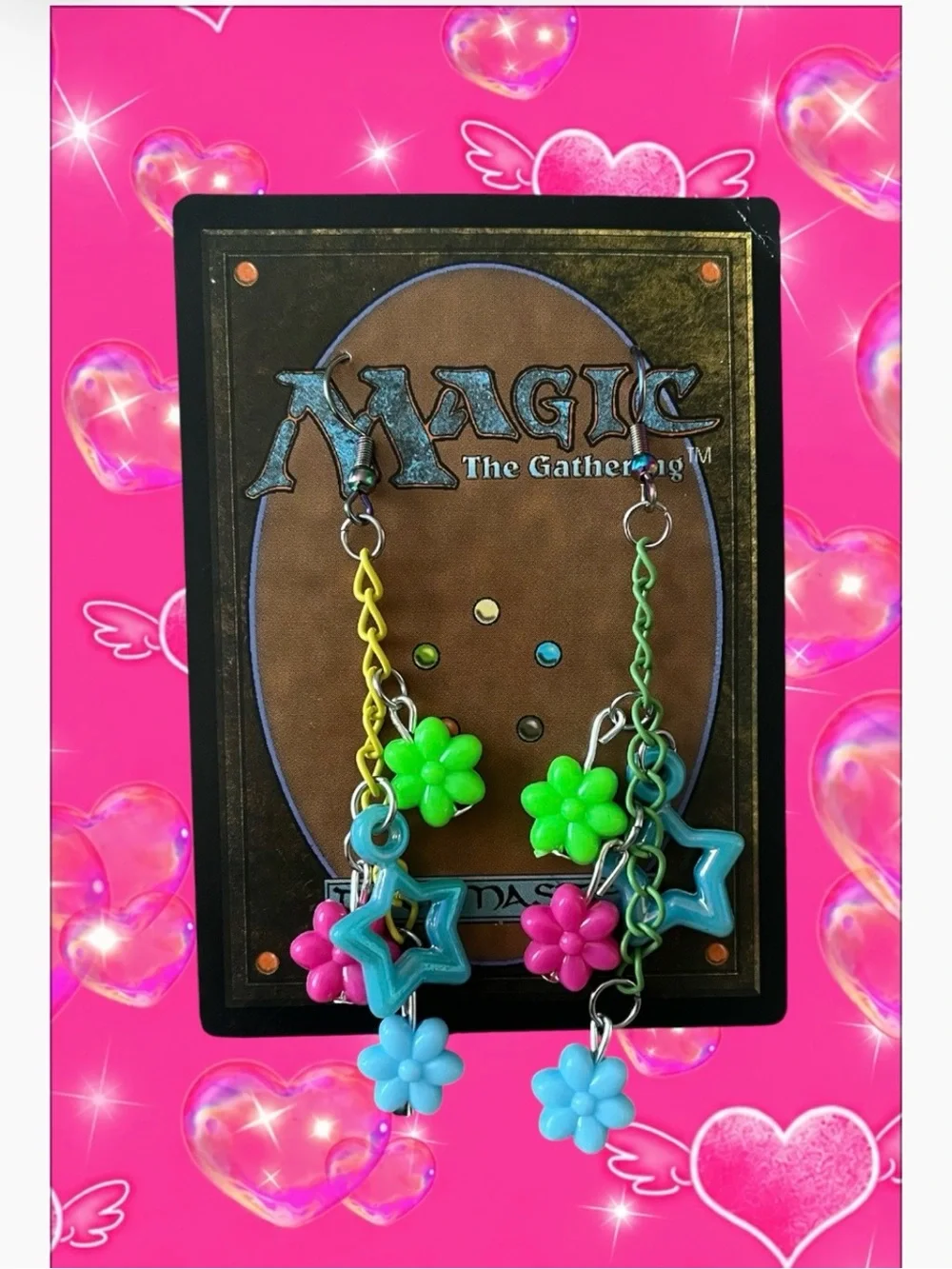 Colorful Flower & Star Kids Dangle Earrings - Pink Blue Green